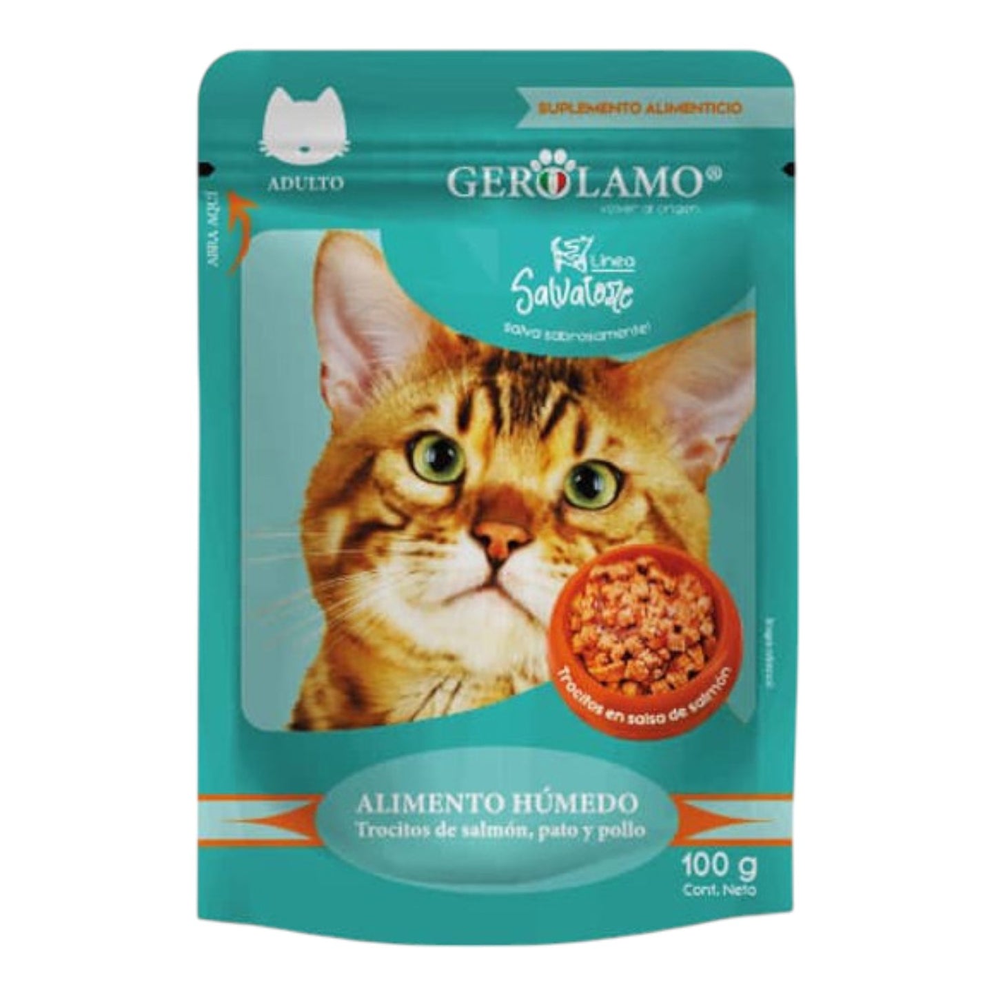 Pouch Gerolamo Gato Adulto Trocitos De Salmon, Pato y Pollo 100 gr
